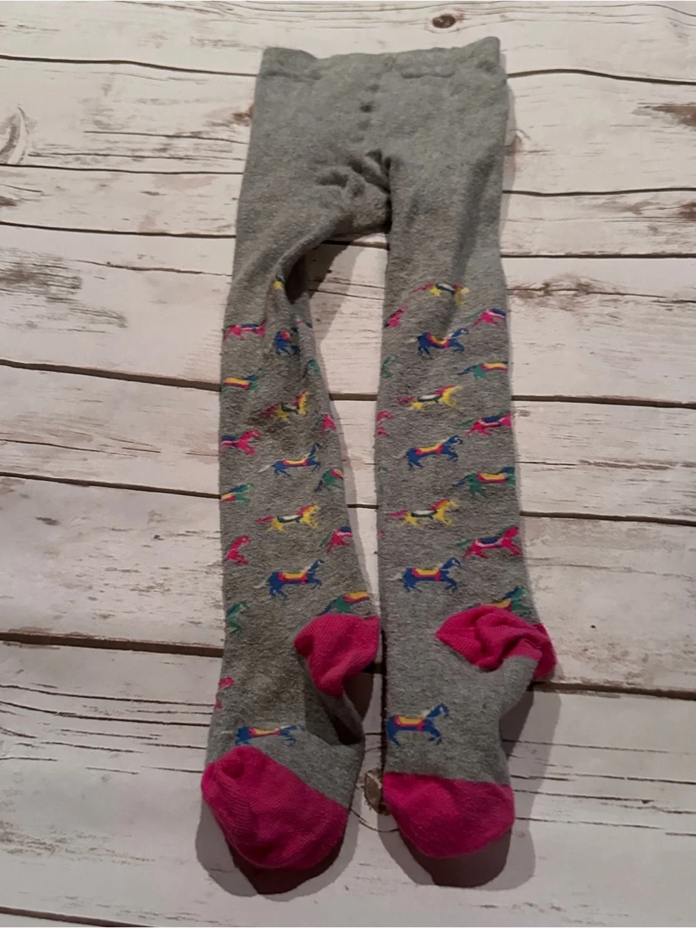 Mini Boden gray tights with multicolored horse print, fair pilling size 3-4Y